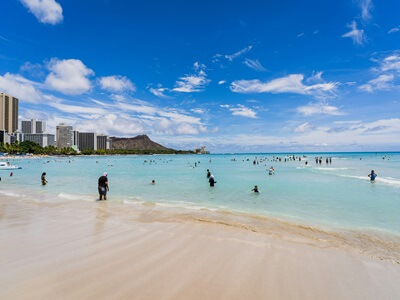 View of the famous Waikiki beach in Oahu Hawaii.
